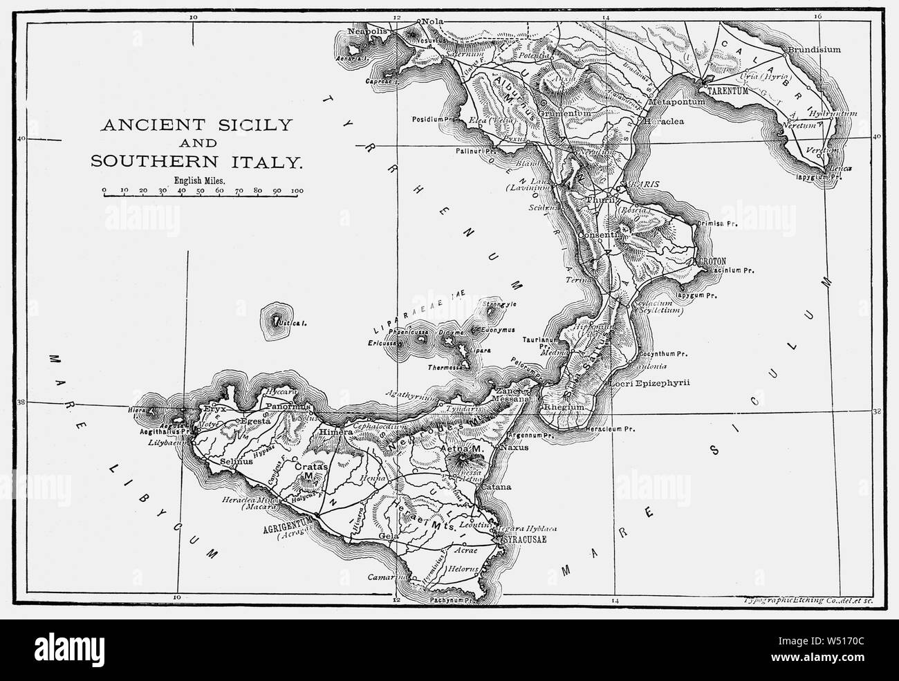 A 19th Century map of Ancient Sicily and Southern Italia (Latin and Italian name for the Italian Peninsula), illustrating the homeland of the Romans and metropole of Rome's empire in classical antiquity. Rome was an Italian city-state that changed its form of government from kingdom to republic and when the consolidation of Italy into a single entity occurred during the Roman expansion in the peninsula, when Rome formed a permanent association with most of the local tribes and cities. Stock Photo