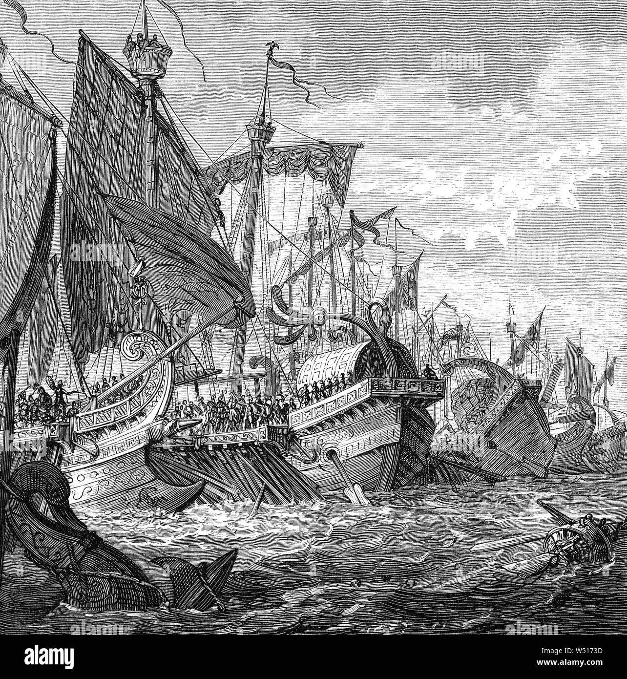 In 256 BC, during the First Punic War (264-241 B.C.) one of the greatest naval battles in history took place off Cape Pelorus on the coast of Sicily, Italy when 330 ancient Roman ships confronted 350 Carthaginians ships. The struggle was long and many lives were lost. The fight between these two huge ancient powers is today known as the Battle Of Cape Ecnomus,was eventually won by the Romans. Stock Photo