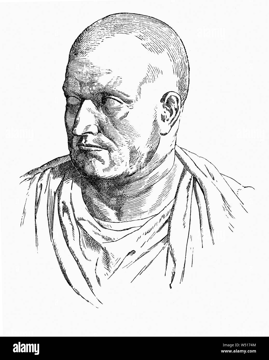 A portrait of Publius Cornelius , (died 211 BCE), Roman general, consul provincial governor and a commander of the Roman expeditionary force in Spain, where he was sent to stop the Carthaginian general Hannibal. Delayed by a Gallic revolt in Cisalpine Gaul (northern Italy), Publius arrived at the Rhône River too late to prevent Hannibal’s crossing in 218. Later Scipio and his brother won important naval and land battles and inflicted severe losses on the enemy and it took three armies to defeat them, yet the three victorious Carthaginian generals could not agree on a plan to advance on Italy, Stock Photo