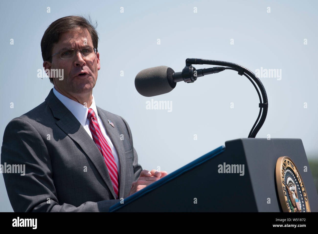 Secretary of Defense Dr. Mark T. Esper speaks during his Full Honors Welcome Ceremony at the Pentagon, Washington, D.C., July 25, 2019. (DoD photo by Lisa Ferdinando) Stock Photo