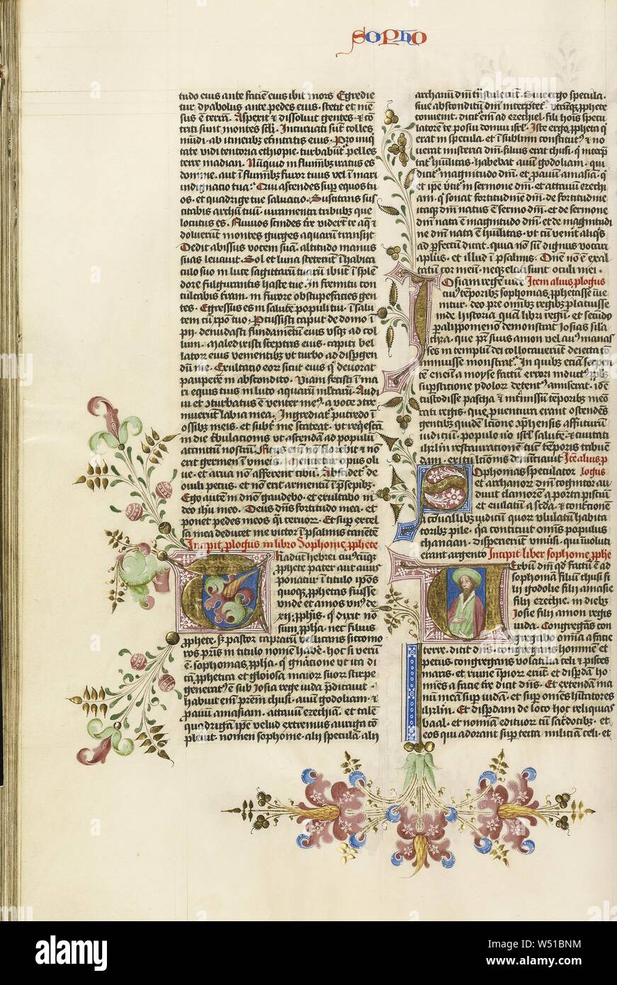 Initial V: Zephaniah, Circle of Stefan Lochner (German, died 1451), Cologne, Germany, about 1450, Gold leaf, tempera, and black ink on parchment, Leaf: 36.7 x 26 cm (14 7/16 x 10 1/4 in Stock Photo