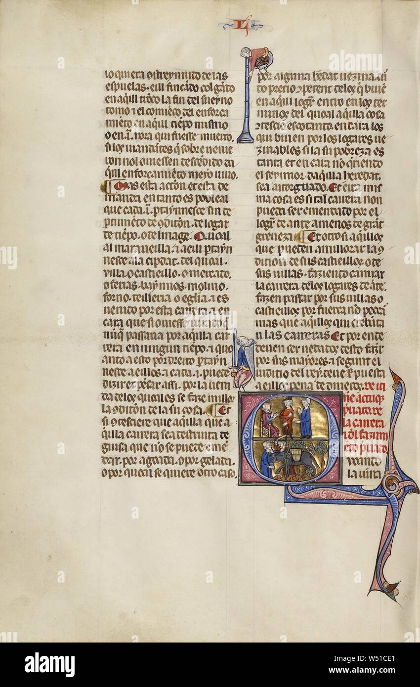 Initial Q: Two Men Arguing their Cases before a Judge and Men with a Donkey, Unknown, Michael Lupi de Çandiu (Spanish, active Pamplona, Spain 1297 - 1305), Northeastern Spain, Spain, about 1290 - 1310, Tempera colors, gold leaf, and ink on parchment, Leaf: 36.5 x 24 cm (14 3/8 x 9 7/16 in Stock Photo