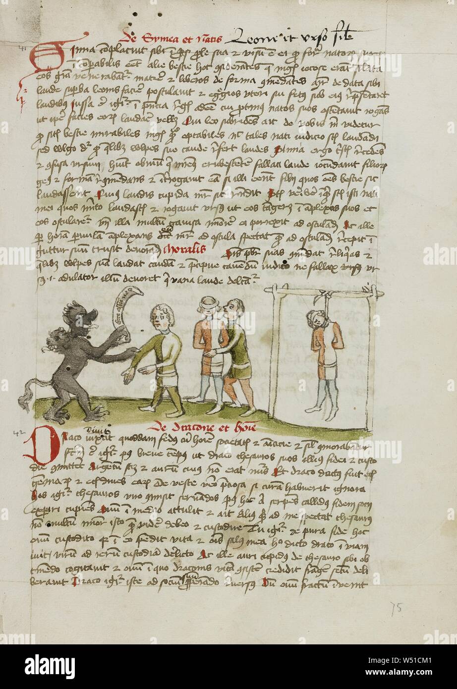 The Devil with a Man Wearing a Blindfold, The Man Hanging from a Nearby Tree, Unknown, Trier (probably), Germany, third quarter of 15th century, Pen and black ink and colored washes on paper, Leaf: 28.7 x 20.6 cm (11 5/16 x 8 1/8 in Stock Photo