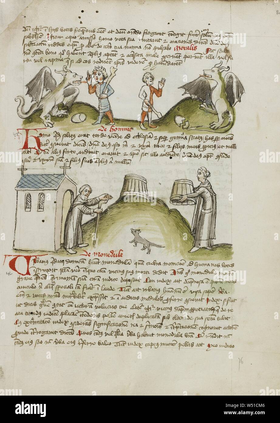 A Dragon and a Farmer with a Club, A Hermit before a Chapel and a Maidservant Placing a Bucket over a Mouse, Unknown, Trier (probably), Germany, third quarter of 15th century, Pen and black ink and colored washes on paper, Leaf: 28.7 x 20.6 cm (11 5/16 x 8 1/8 in Stock Photo