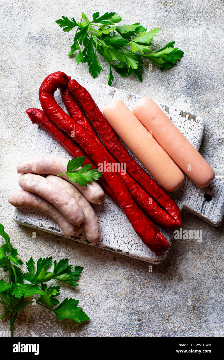 Assortment of sausages for grilled Stock Photo Alamy