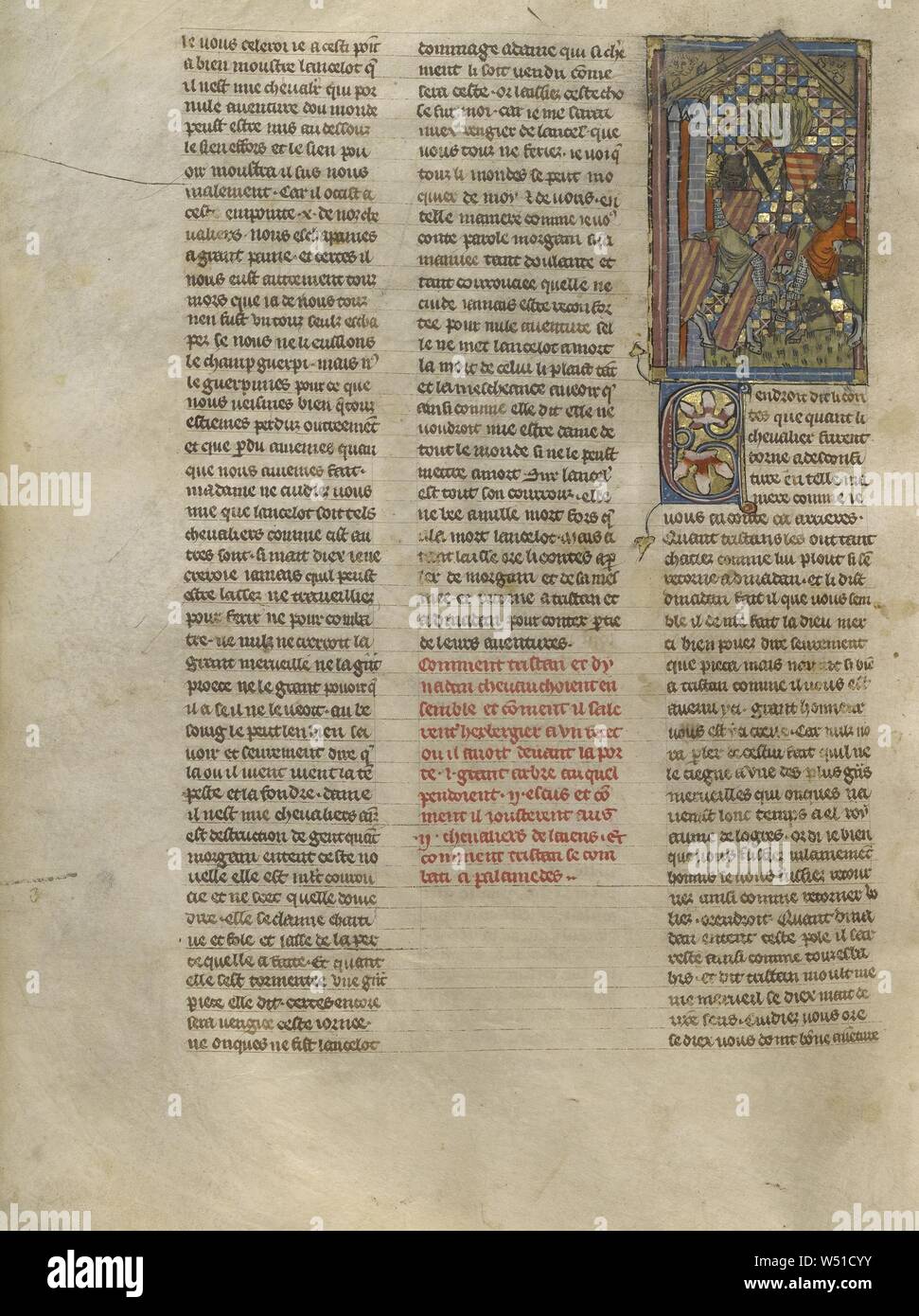 Sword Fight Between Tristan And Palamedes By The Tree With Two Shields Jeanne De Montbaston French Active About 1320 1355 Paris France About 1320 1340 Tempera Colors Gold Paint And