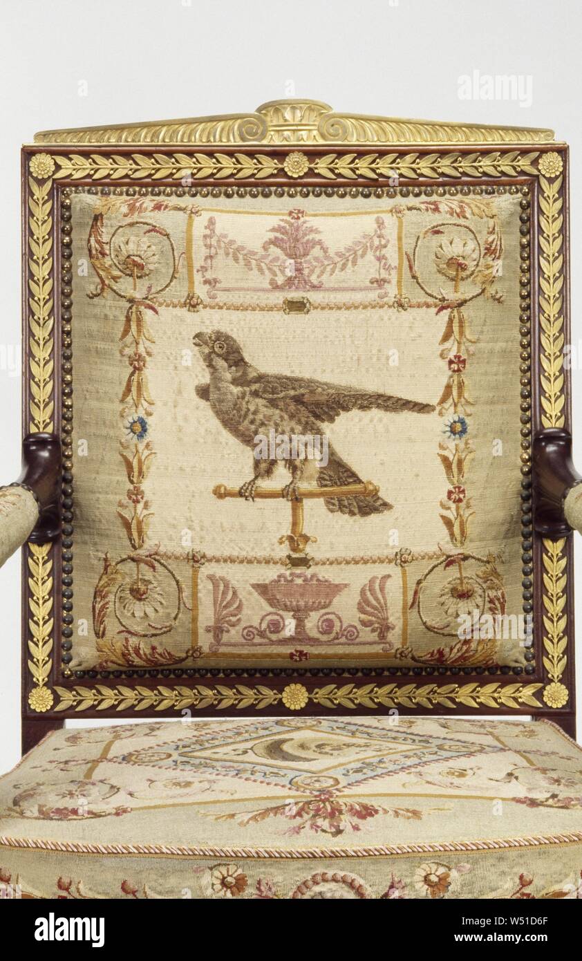One Armchair, Frames attributed to François-Honoré-Georges Jacob-Desmalter (French, 1770 - 1841), Tapestries by Beauvais Manufactory (French, founded 1664), Paris, France, Europe, about 1810, Mahogany and beech, gilt-bronze mounts, silk and wool tapestry upholstery, 100.6 × 63.5 × 48.3 cm (39 5/8 × 25 × 19 in Stock Photo
