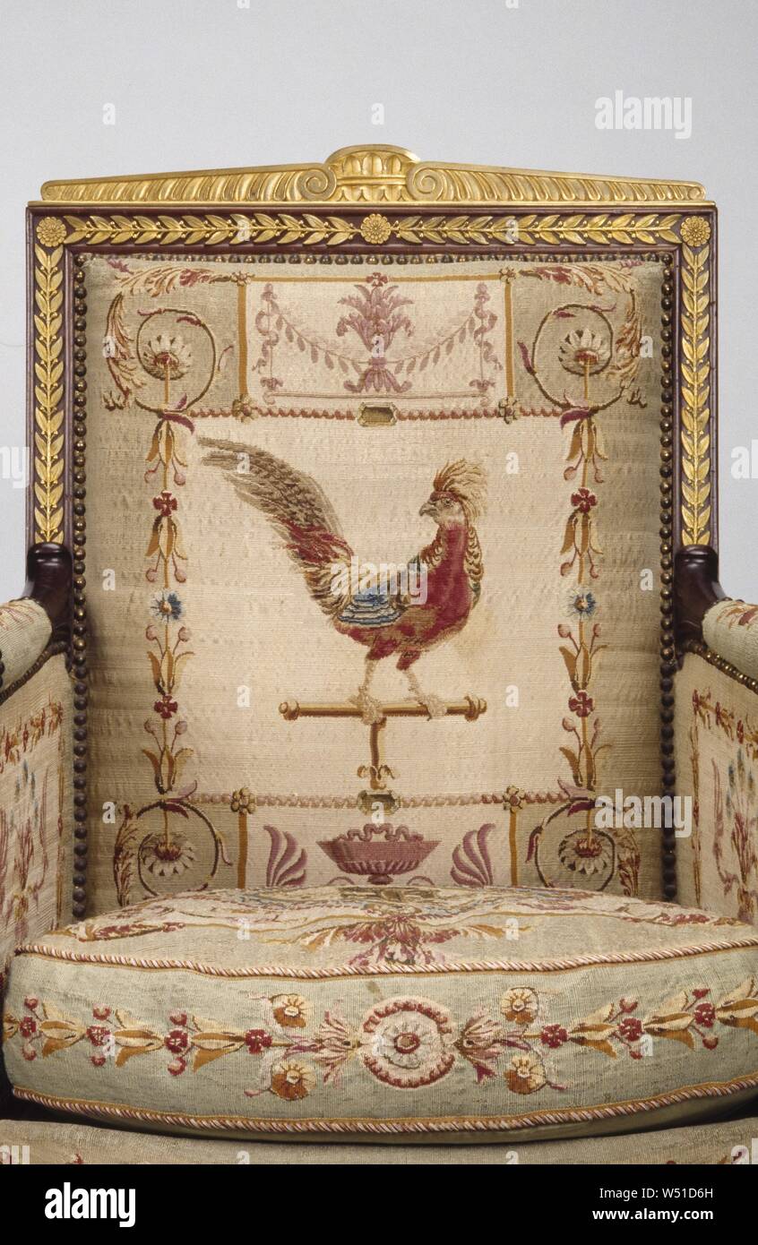 One Armchair, Frames attributed to François-Honoré-Georges Jacob-Desmalter (French, 1770 - 1841), Tapestry upholstery by the Beauvais Manufactory (French, founded 1664), Paris, France, about 1810, Mahogany and beech, gilt-bronze mounts, wool and silk, 100.6 × 63.5 × 48.3 cm (39 5/8 × 25 × 19 in Stock Photo