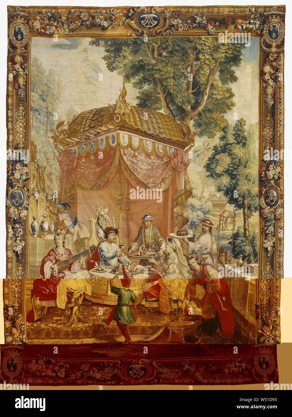 Tapestry: The Collation from The Story of the Emperor of China Series, After cartoons by Guy-Louis Vernansal (French, 1648 - 1729), and Jean-Baptiste Monnoyer (French, 1636 - 1699), and Jean-Baptiste Belin de Fontenay (French, 1653 - 1715), Beauvais Manufactory (French, founded 1664), woven under the direction of Philippe Béhagle (French, 1641 - 1705), Beauvais, France, about 1697 - 1705, Wool and silk, 309.9 x 422.9 cm (122 x 166 1/2 in Stock Photo