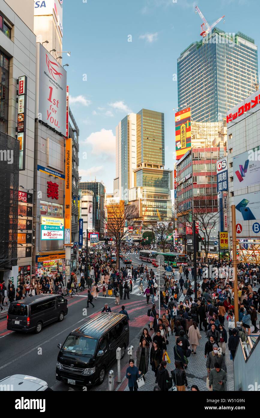Bustling street with crossroads and zebra crossing, many shopping centers and shops, Shibuya, Udagawacho, Tokyo, Japan Stock Photo