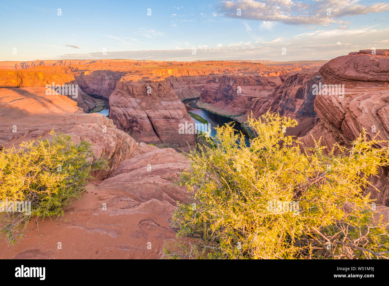 Dawn at Horseshoe Bend. Sunrise colors with Rocks and Colorado River