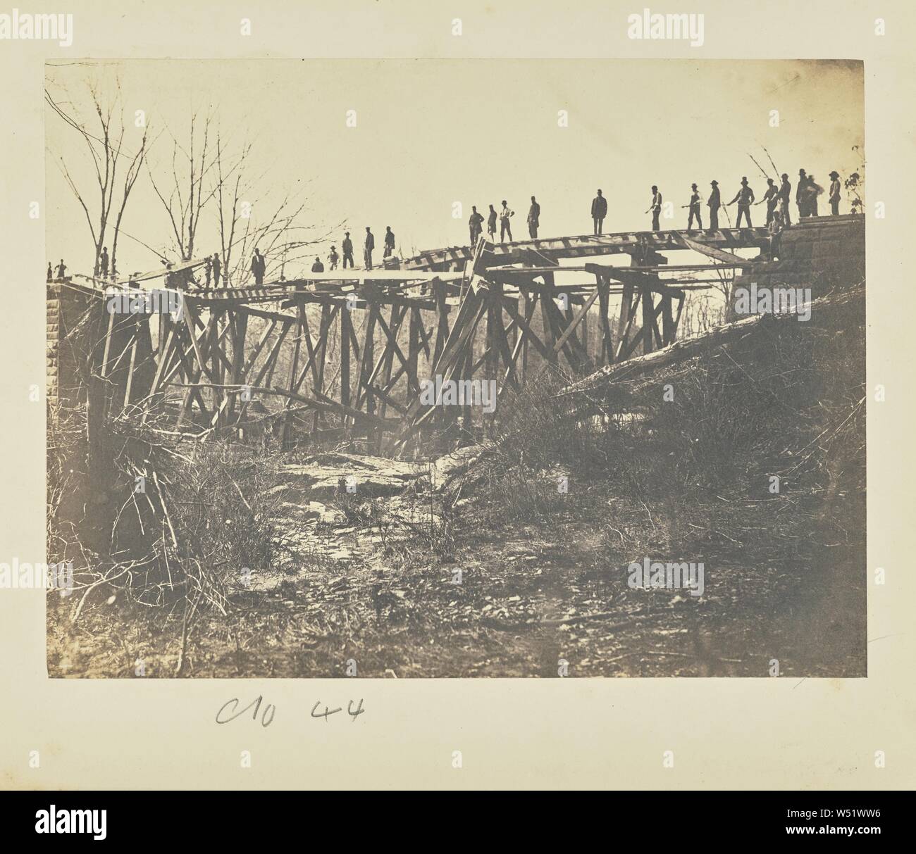 Trestle Bridge across Bull Run, after the Freshet of 1863, A.J. Russell (American, 1830 - 1902), Centreville, Virginia, United States, April 1863, Salted paper print, 15.2 × 20.3 cm (6 × 8 in Stock Photo
