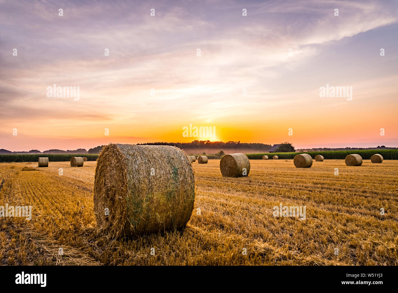 Sunset on the field with hay rolls in weissenhorn bavaria germany Stock Photo