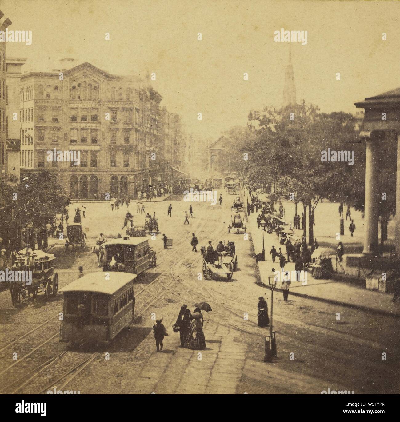 Park Row, from Tryon Row, the City Hall Park on the right - showing the Times Building, and a distant view of St. Paul's Church, Edward and Henry T. Anthony & Co. (American, 1862 - 1902), about 1864–1868, Albumen silver print Stock Photo