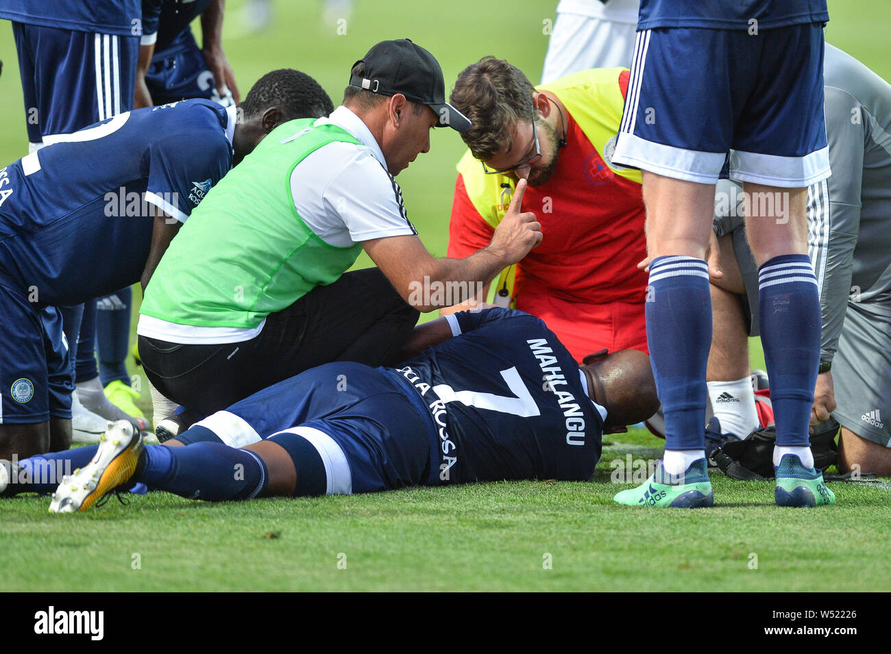 Mlada Boleslav, Czech Republic. 25th July, 2019. MAY MAHLANGU of Ordabasy  Shymkent during the football European League 2nd qualifying round match  Mlada Boleslav vs Ordabasy Shymkent in Mlada Boleslav, Czech Republic, July