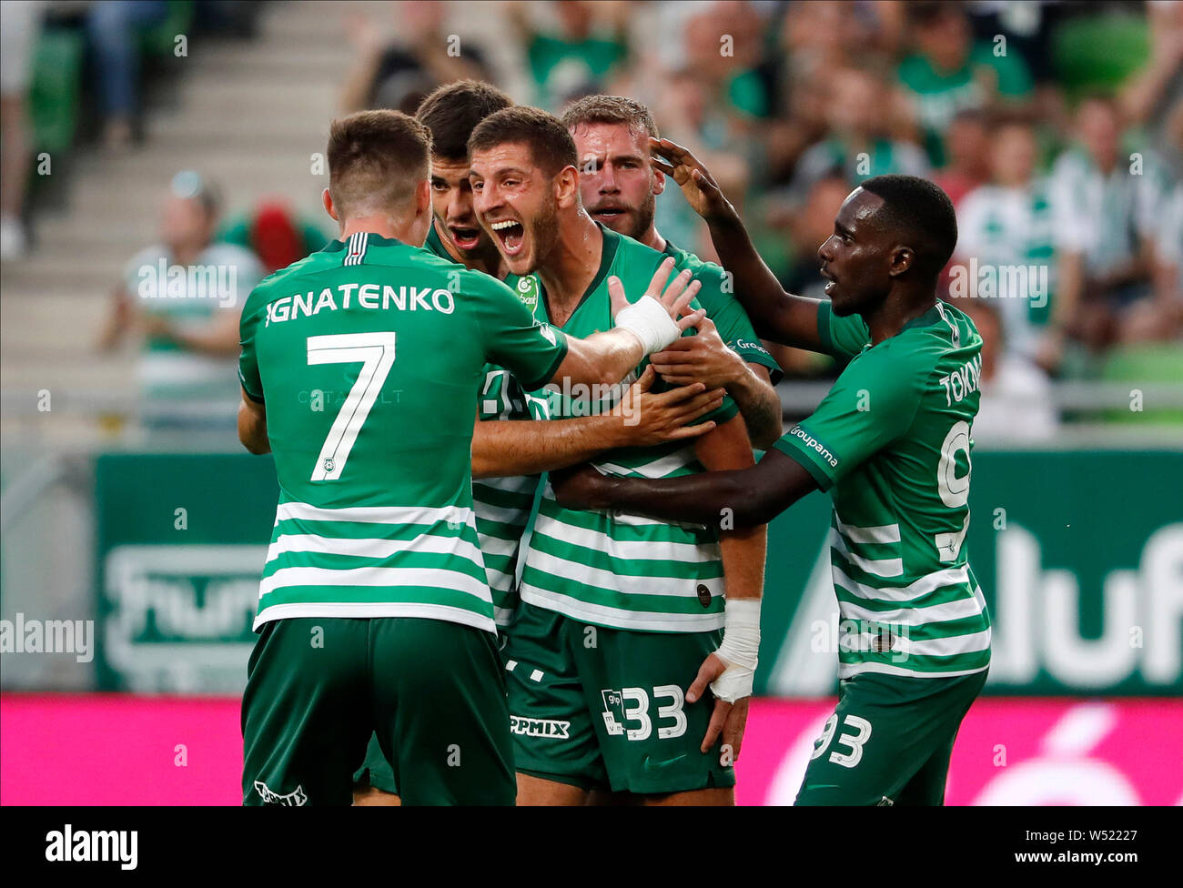 BUDAPEST, HUNGARY - AUGUST 4: Ihor Kharatin of Ferencvarosi TC celebrates  his goal during the UEFA Champions League Third Qualifying Round 1st Leg  match between Ferencvarosi TC and SK Slavia Praha at