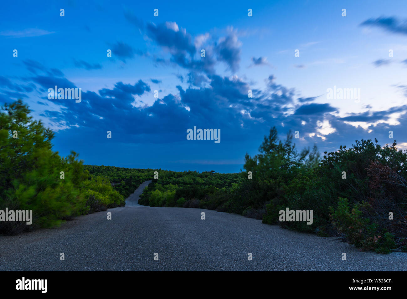 Greece, Zakynthos, Dreamy curved road through green paradise in blue hour mood Stock Photo