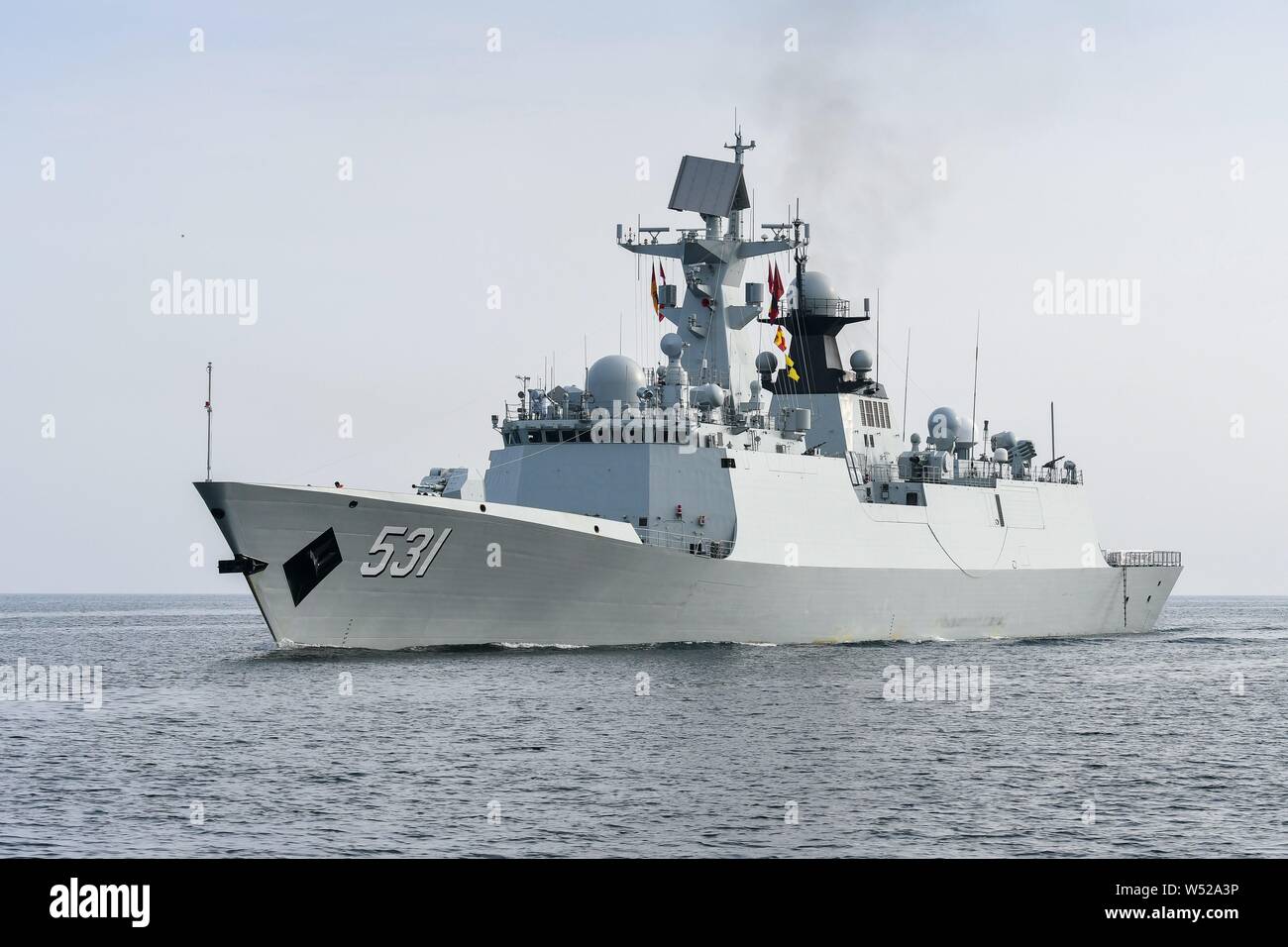 A frigate of the type 54A (NATO: Jiangkai II), the F 531 'Xiangtan', enters Kieler Woche on occasion of the Kieler Woche. The ships of the type 54A are modern multipurpose frigates which are built in large numbers. They are relatively inexpensive and are also exported to Pakistan. Much of the electronic equipment and armament of these ships is still based on Russian technology. The Navy of the People's Republic of China has been for years to modernize its fleet and expand. The goal is to transform the fleet from a pure coastal defense fleet into a global fleet. As part of this, China has been Stock Photo