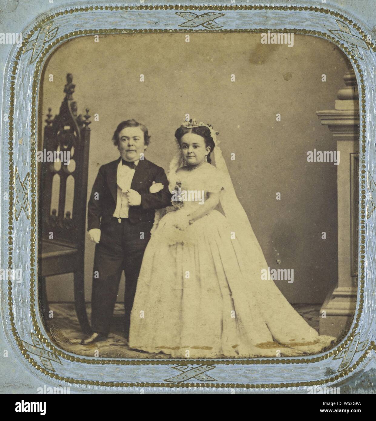 Wedding portrait of General Tom Thumb and Lavinia Warren, Charles Dauvois (French, active 1860s), 1863, Hand-colored albumen silver print Stock Photo