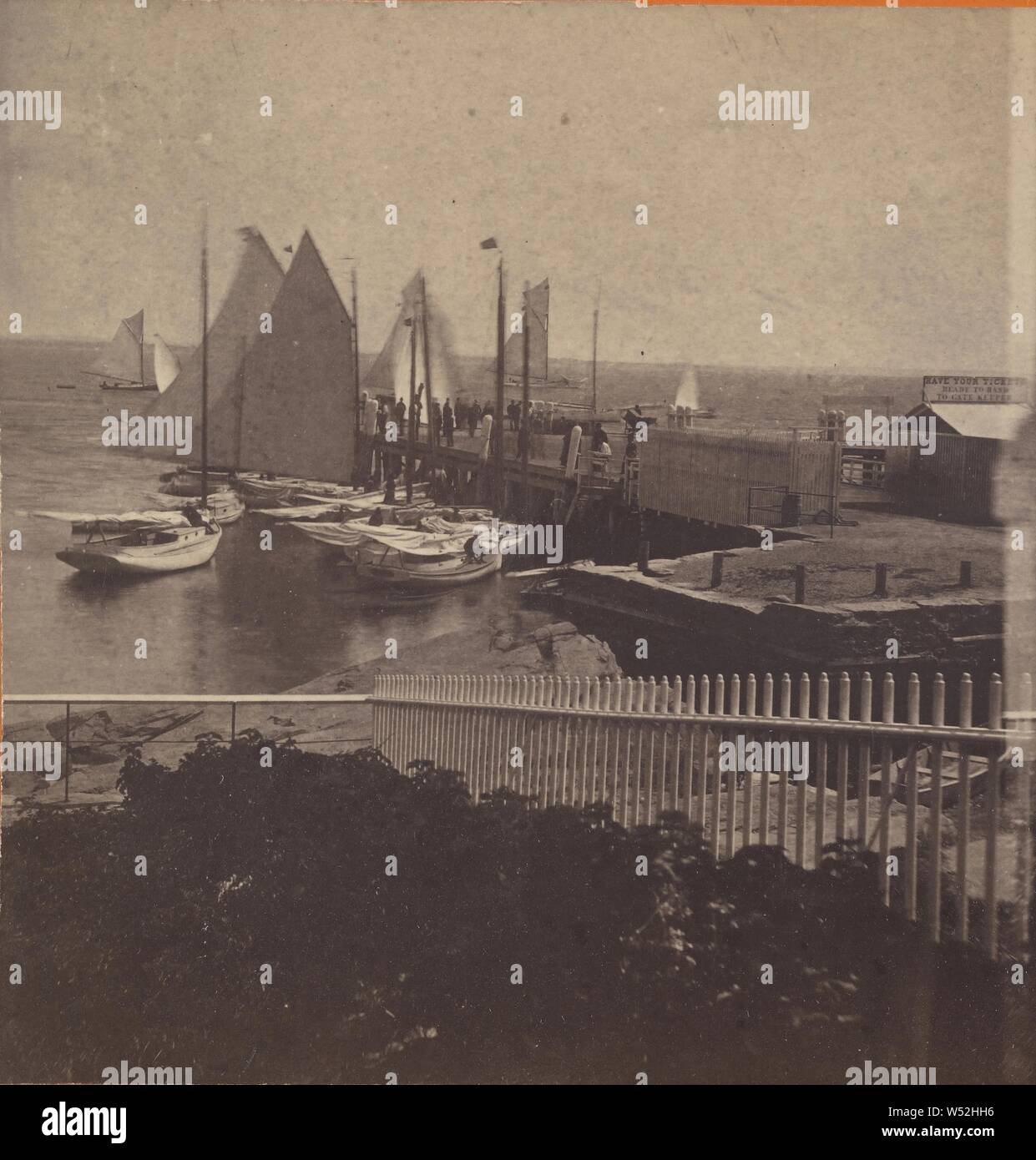 View of Wharf and Sail Boats, Unknown, about 1860, Albumen silver print Stock Photo