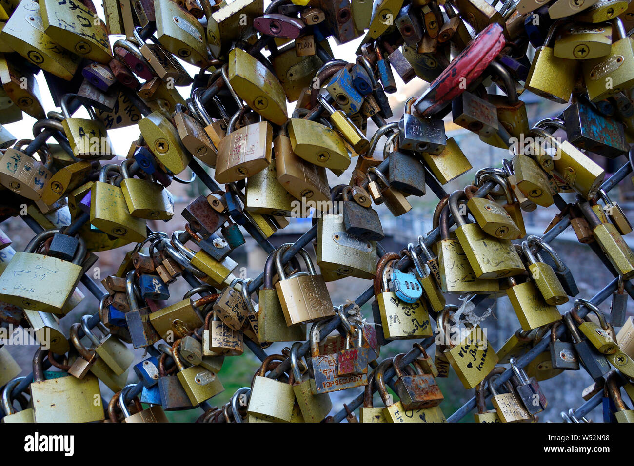 Close up of padlocks left by lovers on the bridge in the Abanotubani area of Tbilisi, Georgia, Caucasia, Eurasia. Stock Photo