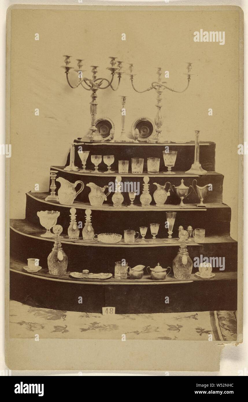 Assortment of goblets, decanters and candelabra, Unknown maker, American, about 1875, Albumen silver print Stock Photo