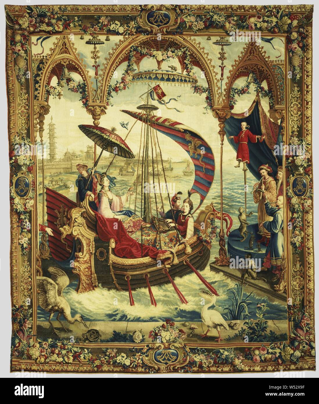 Tapestry: The Empress Sailing from The Story of the Emperor of China Series, After designs by Guy-Louis Vernansal (French, 1648 - 1729), and Jean-Baptiste Monnoyer (French, 1636 - 1699), and Jean-Baptiste Belin de Fontenay (French, 1653 - 1715), Woven at the Beauvais Manufactory (French, founded 1664), under the direction of Philippe Béhagle (French, 1641 - 1705), design about 1690, weave about 1697 - 1705, Wool and silk, 367.6 x 310.5 cm (144 3/4 x 122 1/4 in Stock Photo