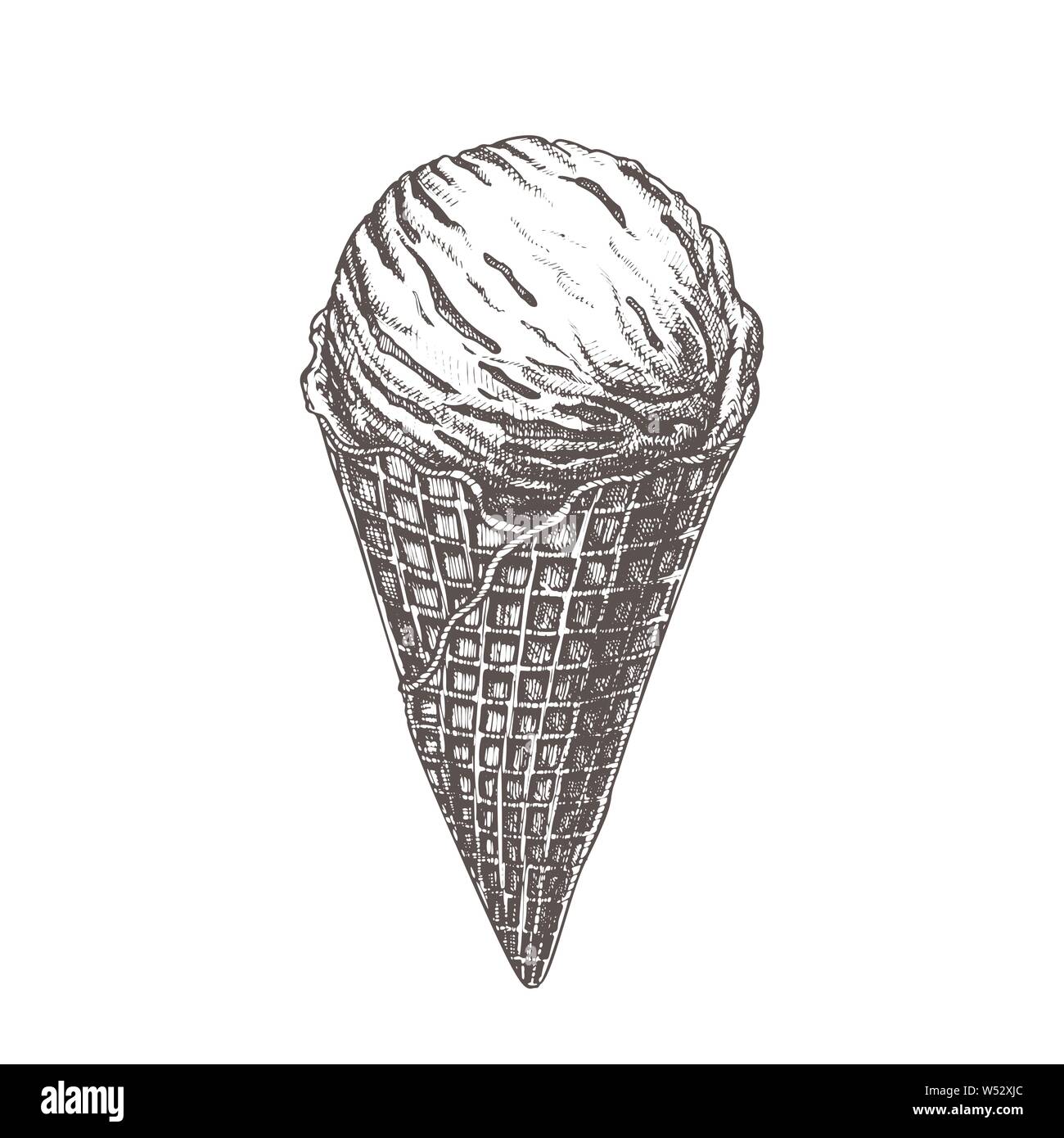 Ice Cream Scoop In Waffle Cone Hand Drawn Vector Stock Vector Image ...