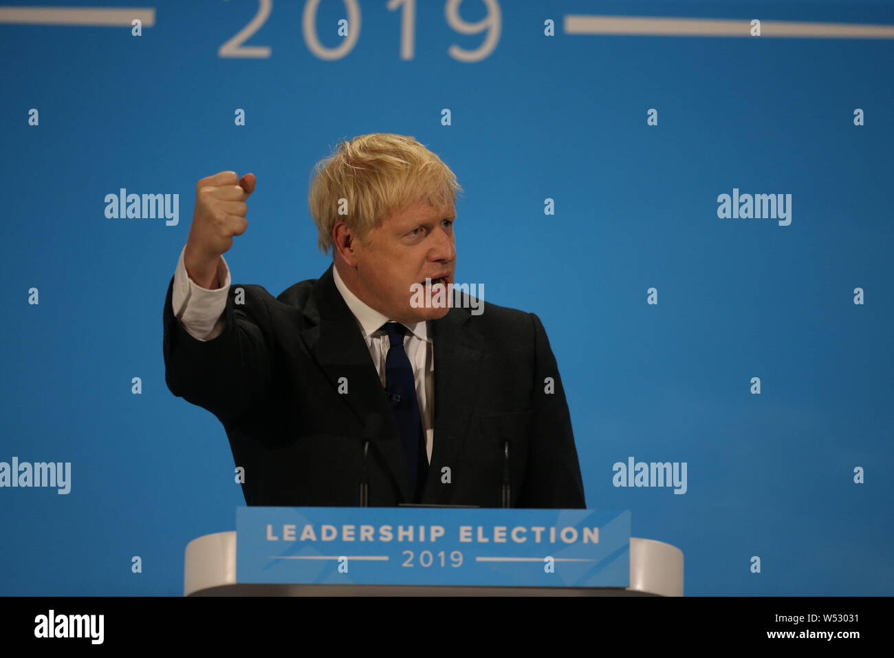 Boris Johnson takes part in the final Conservative Party leadership hustings at the London Excel Centre on July 17th 2019. Stock Photo
