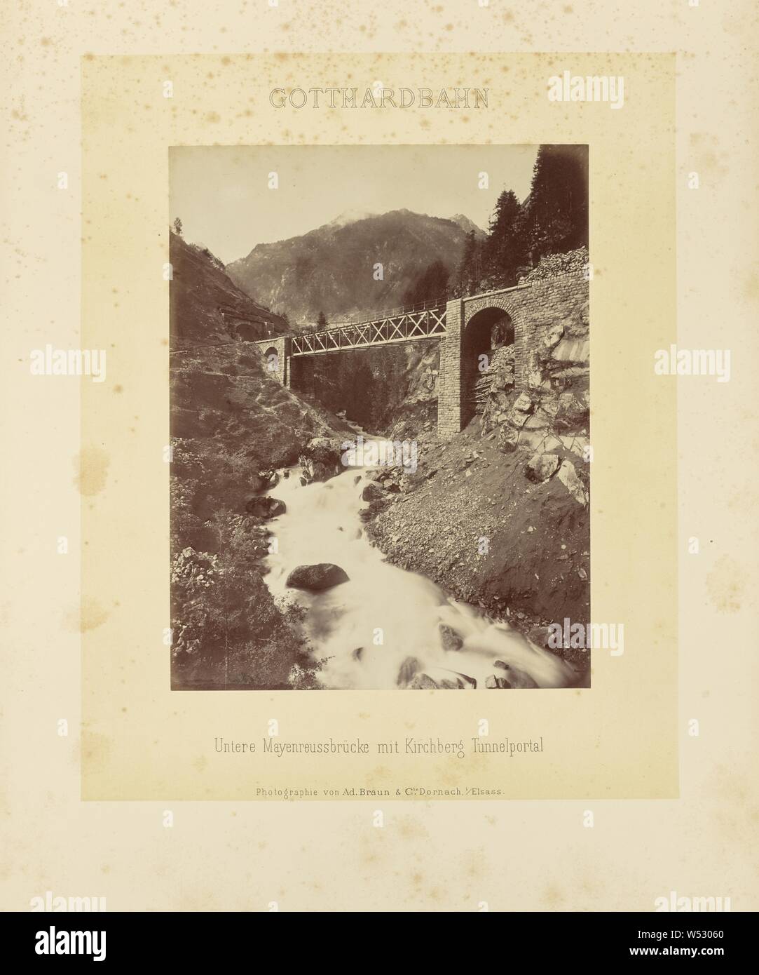 Gotthardbahn: Untere Mayenreussbrücke mit Kirchberg Tunnelportal, Adolphe Braun & Cie (French, 1876 - 1889), Dornach, France, about 1875–1882, Albumen silver print, 27.5 × 21.2 cm (10 13/16 × 8 3/8 in Stock Photo