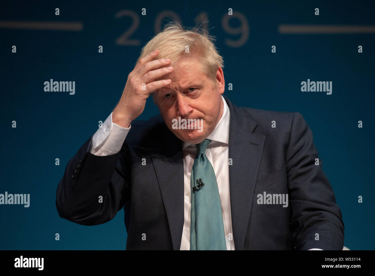 Conservative leadership candidate Boris Johnson at the Darlington leadership hustings on July 05, 2019 in Guisborough, England. Boris Johnson and Jeremy Hunt are the final two MPs left in the contest to replace Theresa May as leader of the Conservative Party. Stock Photo