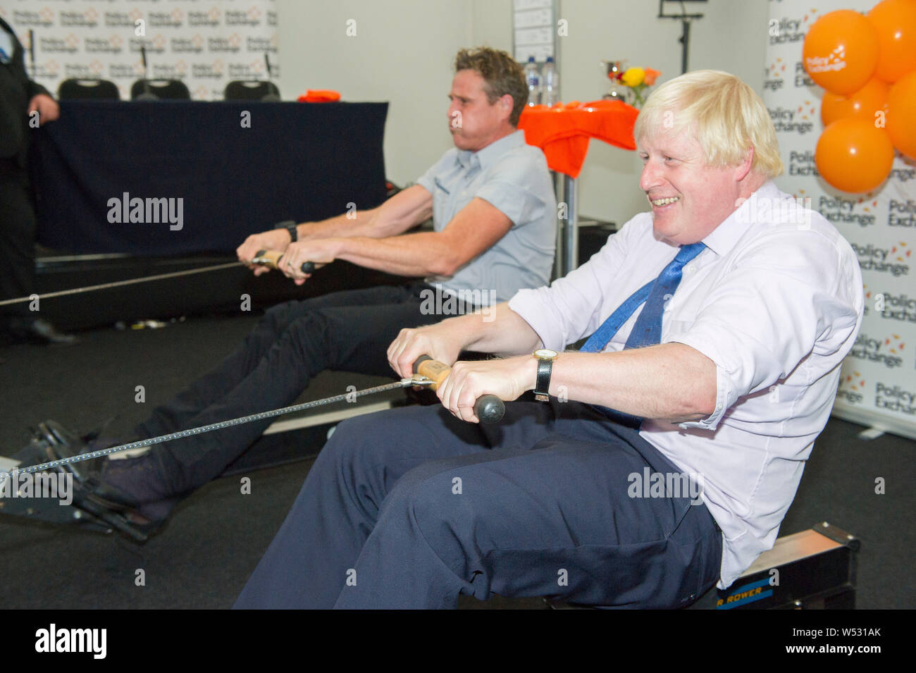 Boris Johnson at a rowing challenge with James Cracknell at the Conservative party conference on October 5, 2015 in Manchester, England Stock Photo