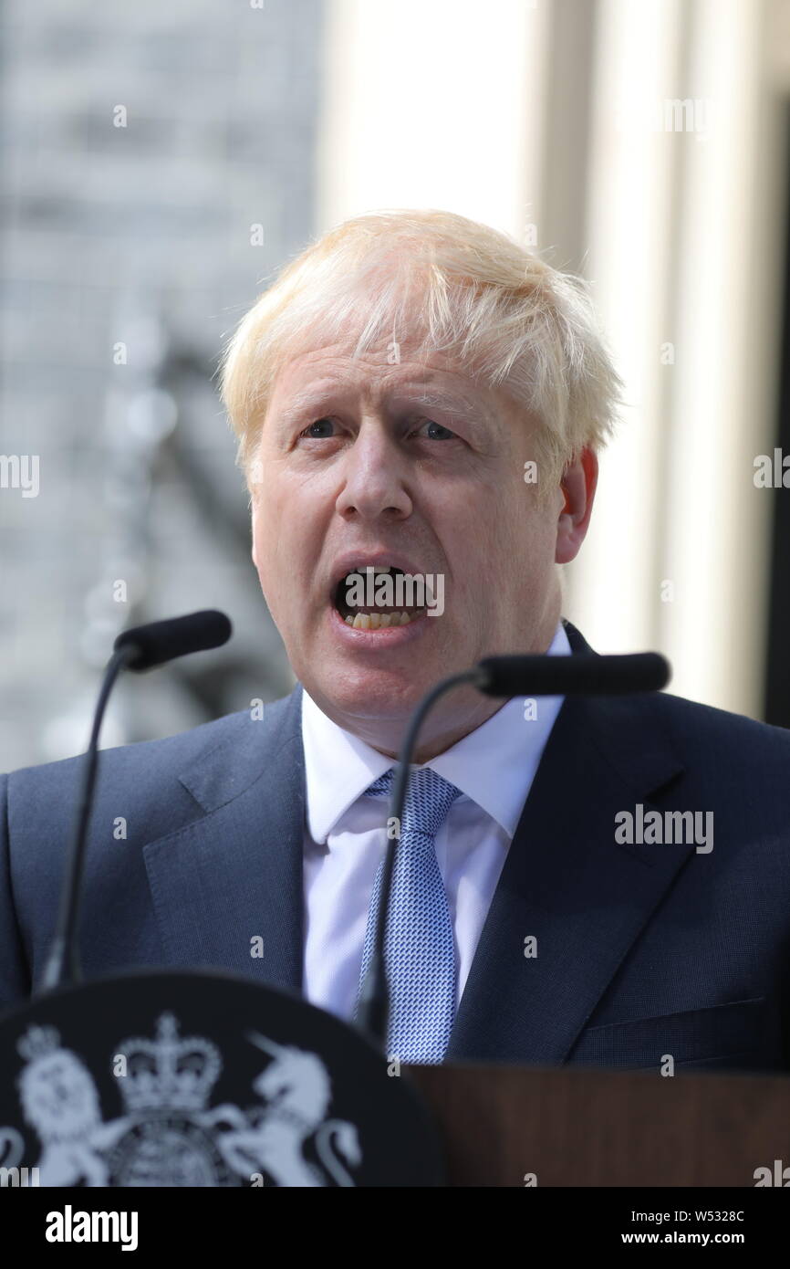 New Prime Minister Boris Johnson speaks to media outside Number 10, Downing Street on July 24, 2019 in London, England. Boris Johnson, MP  was elected leader of the Conservative and Unionist Party yesterday receiving 66 percent of the votes cast by the Party members. He takes the office of Prime Minister this afternoon after outgoing Prime Minister Theresa May took questions in the House of Commons for the last time Stock Photo