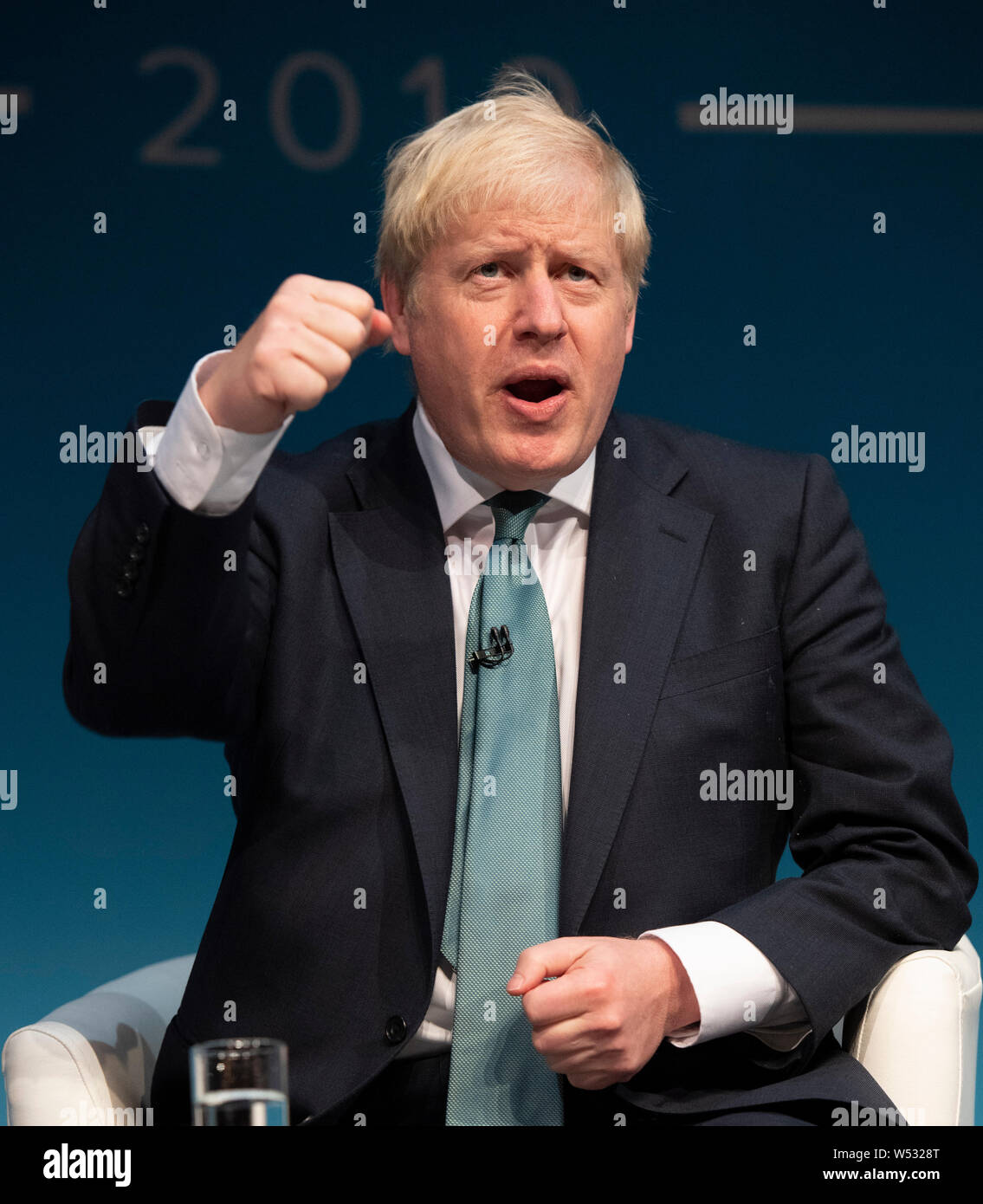 Conservative leadership candidate Boris Johnson at the Darlington leadership hustings on July 05, 2019 in Guisborough, England. Boris Johnson and Jeremy Hunt are the final two MPs left in the contest to replace Theresa May as leader of the Conservative Party. Stock Photo