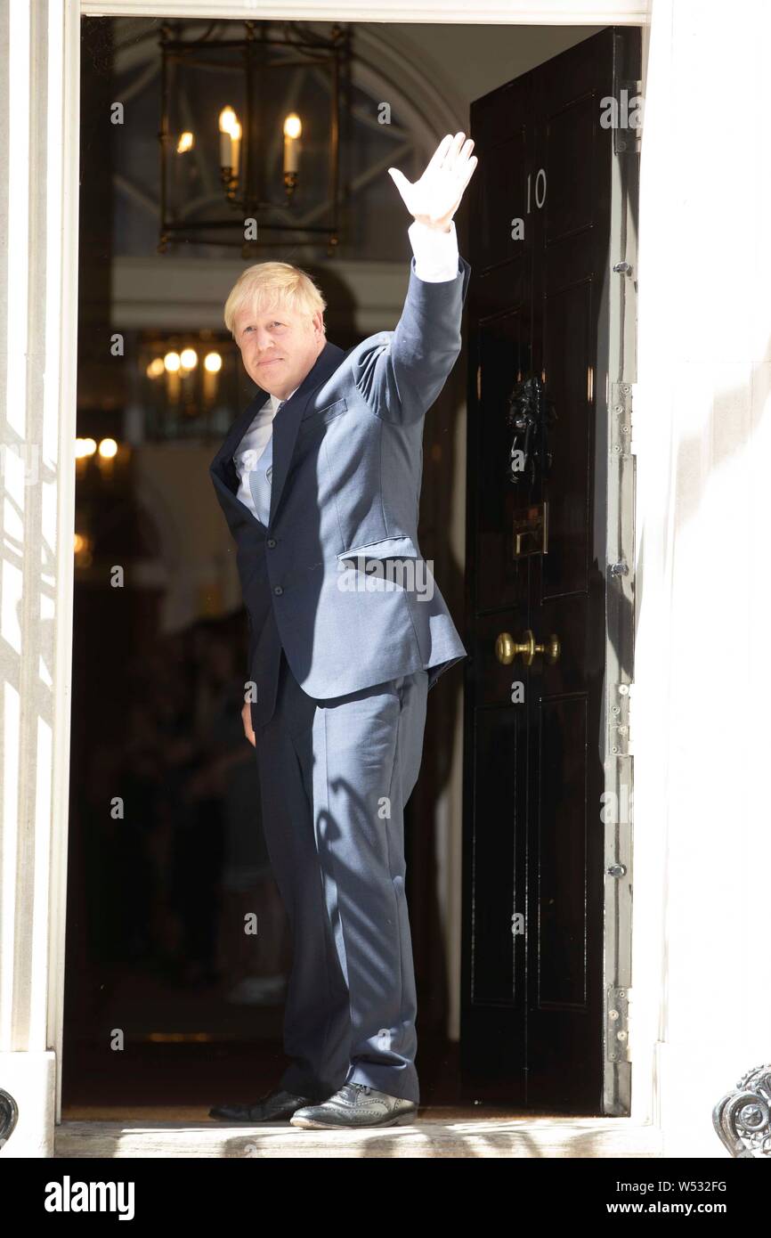 New Prime Minister Boris Johnson speaks to media outside Number 10, Downing Street on July 24, 2019 in London, England. Boris Johnson, MP  was elected leader of the Conservative and Unionist Party yesterday receiving 66 percent of the votes cast by the Party members. He takes the office of Prime Minister this afternoon after outgoing Prime Minister Theresa May took questions in the House of Commons for the last time Stock Photo