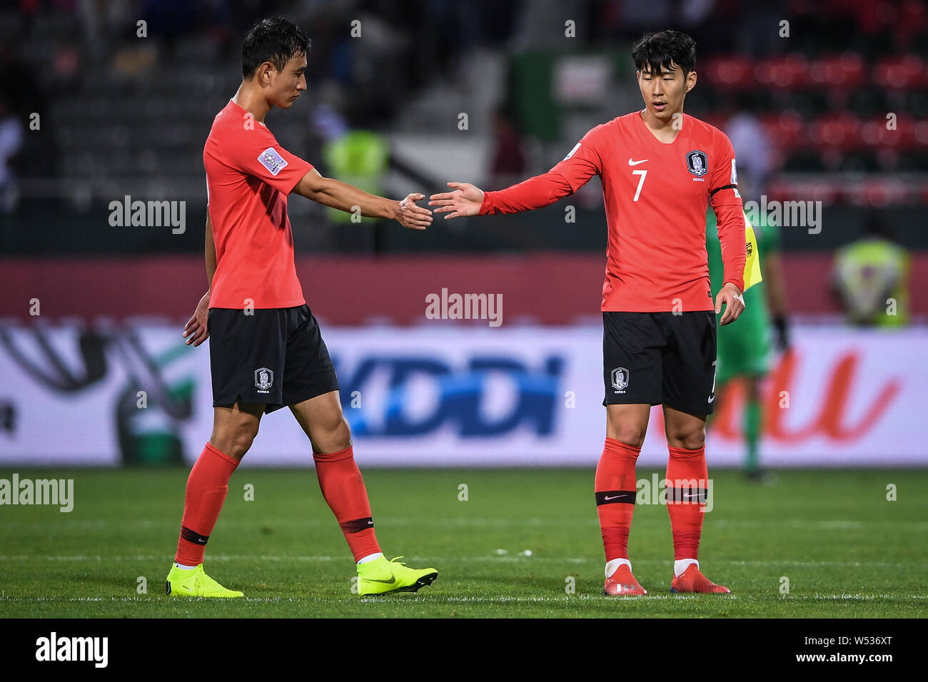 Ji Dong-won, left, and Son Heung-min of South Korea, celebrate after soring a goal against Bahrain in the round of 16 match between South Korea and Ba Stock Photo