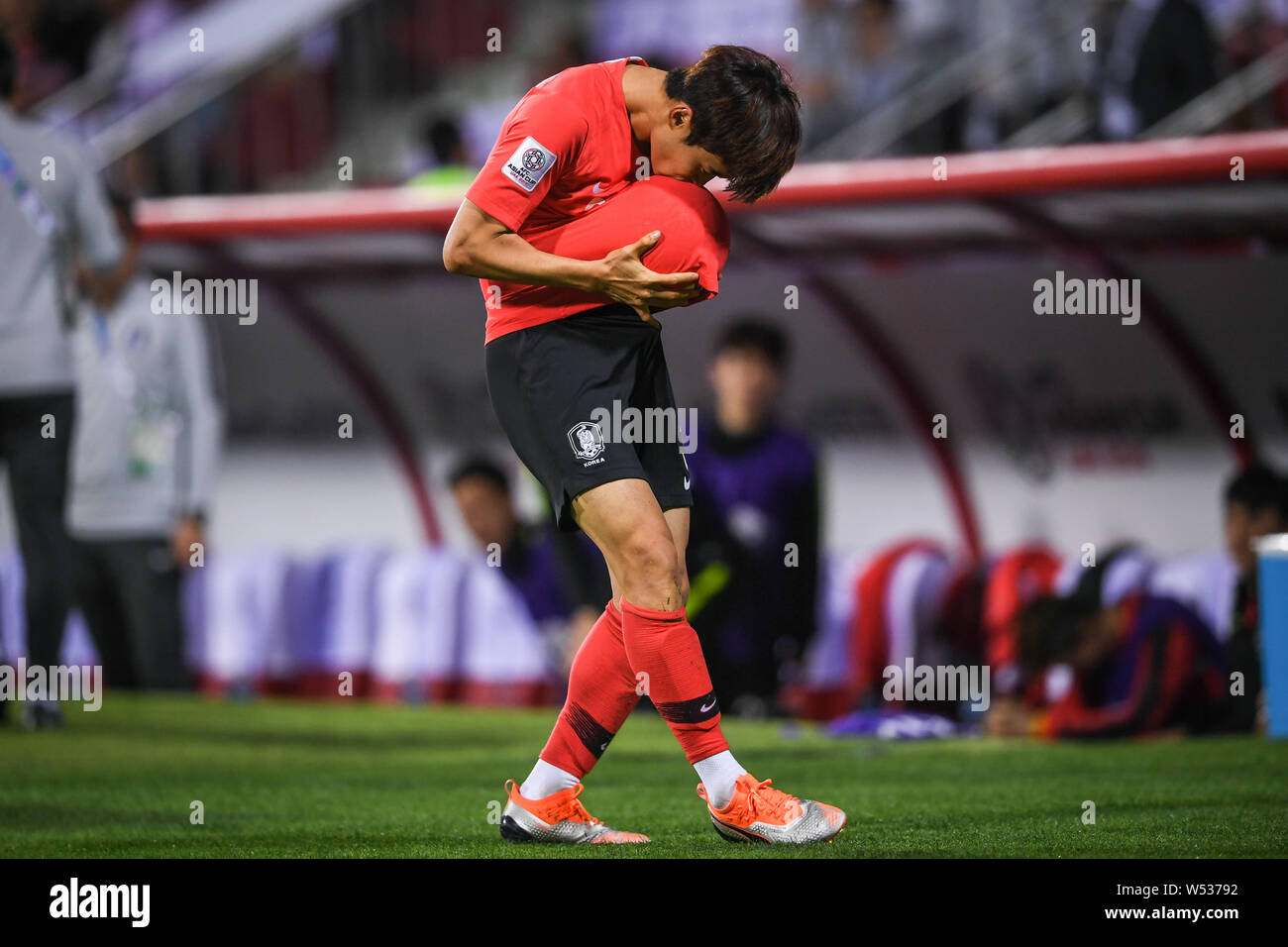Kim Jin-su of South Korea celebrates after soring a goal against Bahrain in the round of 16 match between South Korea and Bahrain during the 2019 AFC Stock Photo