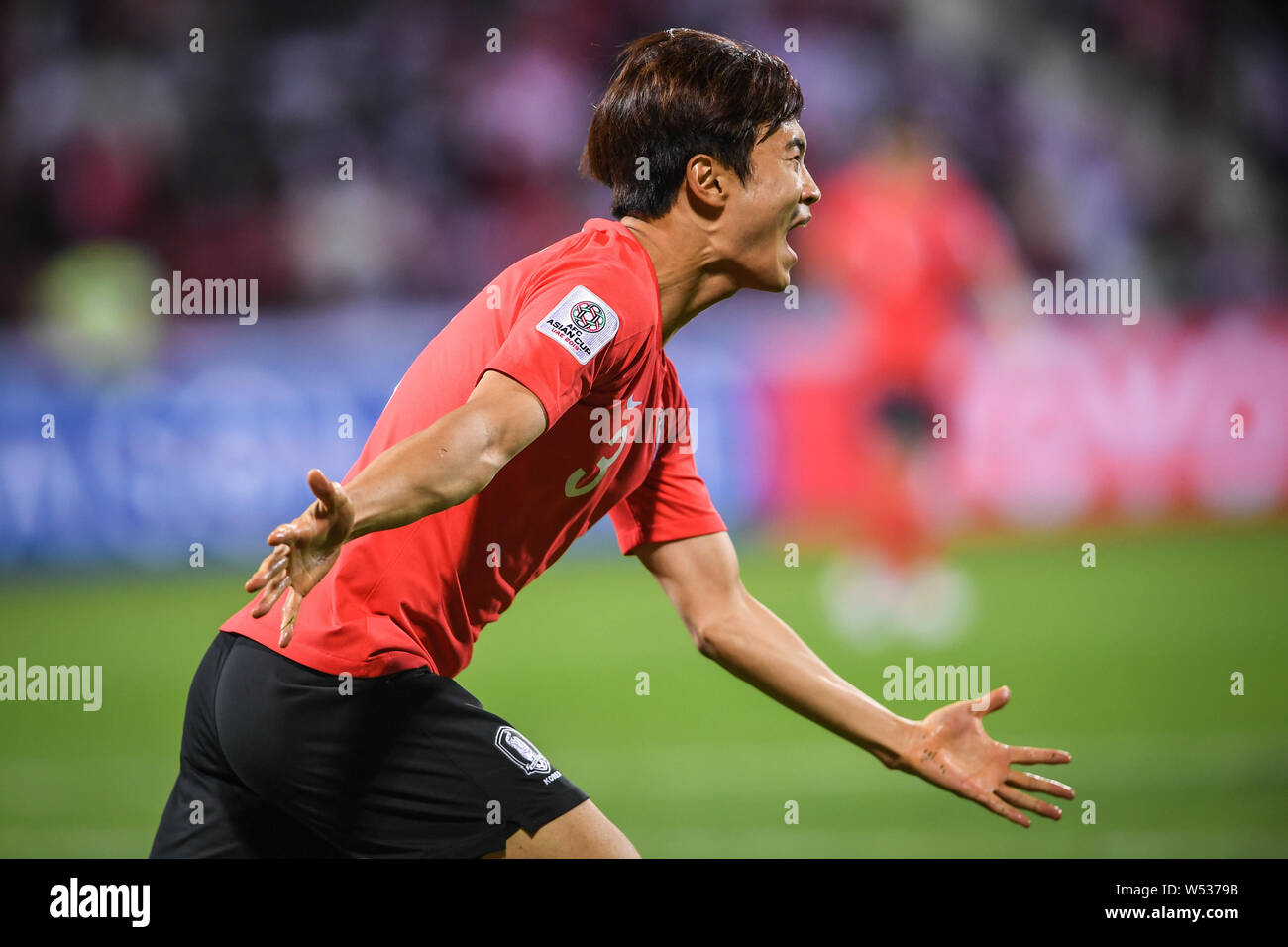 Kim Jin-su of South Korea celebrates after soring a goal against Bahrain in the round of 16 match between South Korea and Bahrain during the 2019 AFC Stock Photo