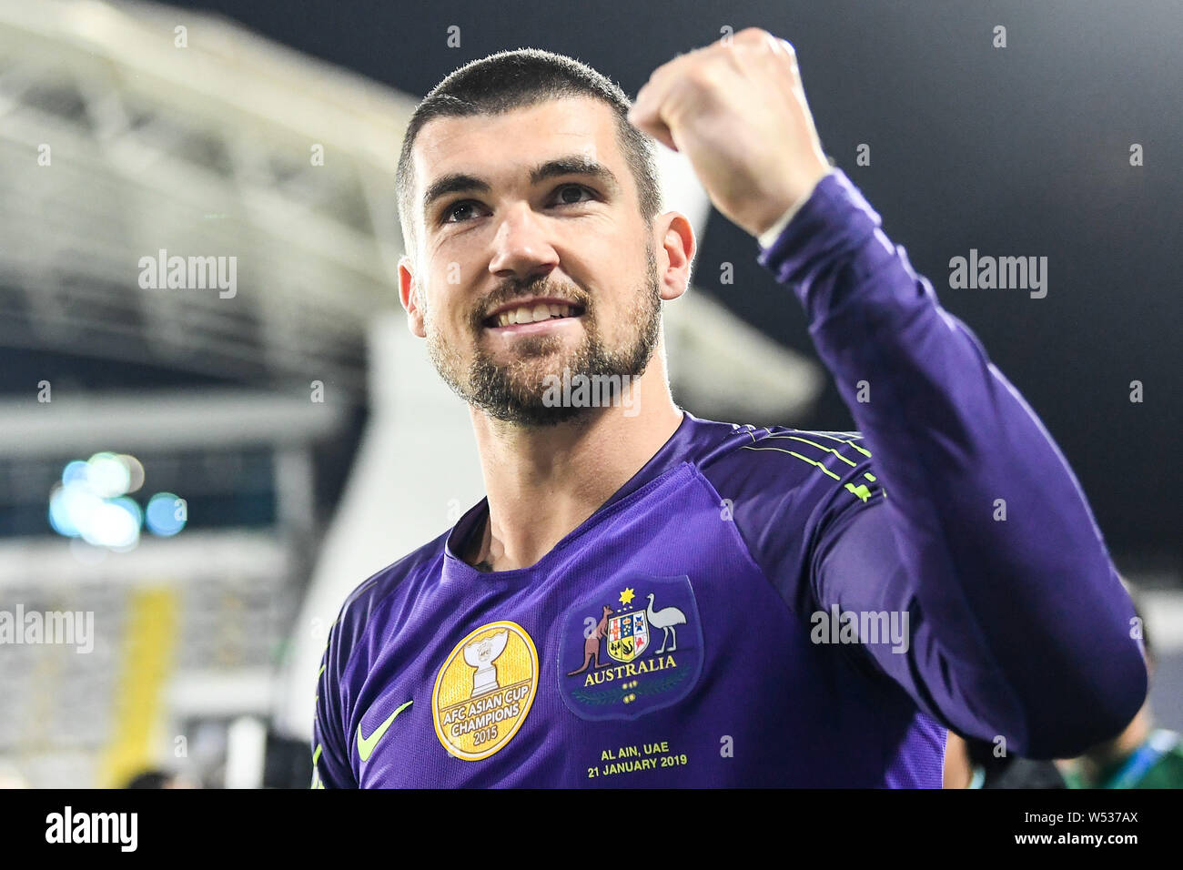 Mathew Ryan of Australia national soccer team celebrates after defeating Uzbekistan national football team in the round of 16 match during the 2019 AF Stock Photo