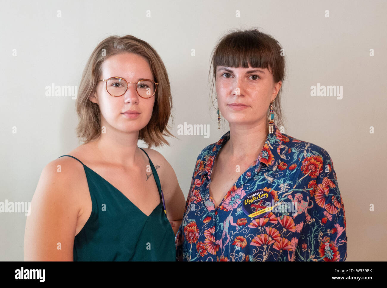 26 July 2019, Baden-Wuerttemberg, Stuttgart: Hanna Seidel (r) and Ida Marie Sassenberg, initiators of the petition 'Prohibits #Upskirting in Germany', take part in a press conference. A few months ago they launched a petition against voyeuristic photography and filming under skirts and dresses. Photo: Linda Vogt/dpa Stock Photo