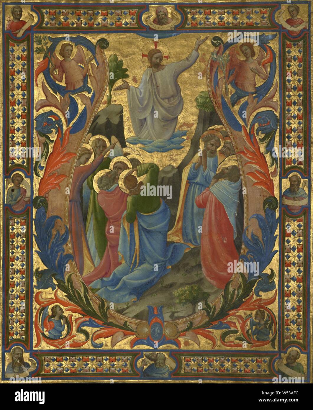 Initial V:  The Ascension, Designed by Lorenzo Monaco (Italian, about 1370 - 1423 or 1424), and completed by Zanobi di Benedetto Strozzi (Italian, 1412 - 1468), and Battista di Biagio Sanguini (Italian, 1393 - 1451), Florence, Italy, designed about 1410, completed about 1431, Tempera and gold on parchment, Leaf: 40.2 x 32.7 cm (15 13/16 x 12 7/8 in Stock Photo