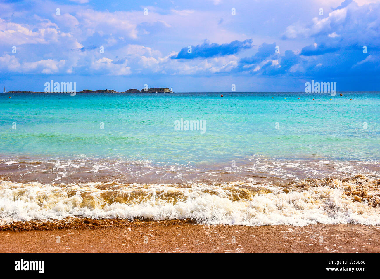 A famous Xi beach with red sand and clay stone on the Ionian island of