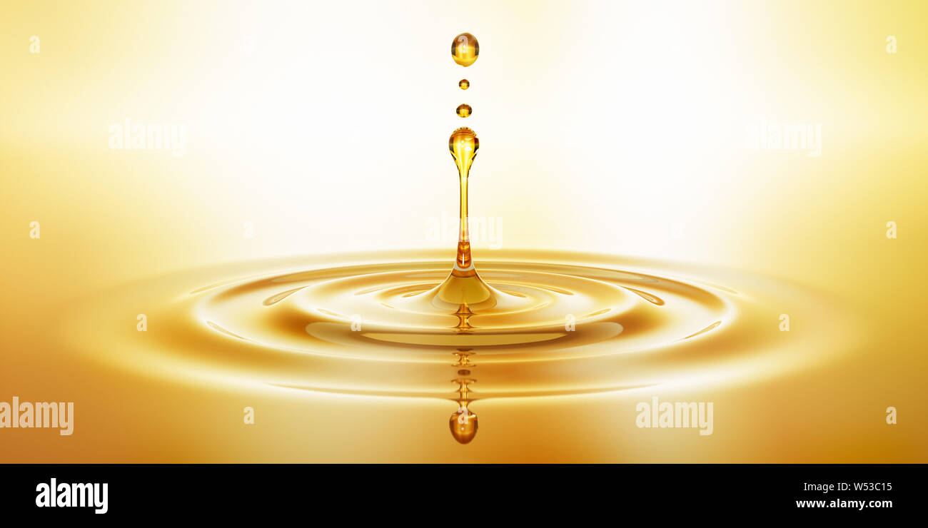 Drop of golden oil - concept of wellness and beauty products - 3D illustration Stock Photo