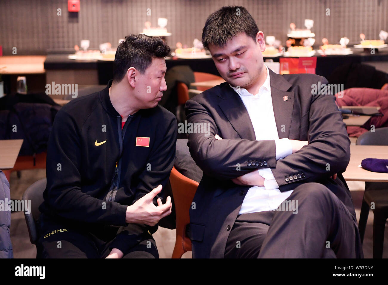 Retired Chinese basketball star Yao Ming, chairman of the Chinese Basketball Association, attends a meida salon in Beijing, China, 28 January 2019. Stock Photo