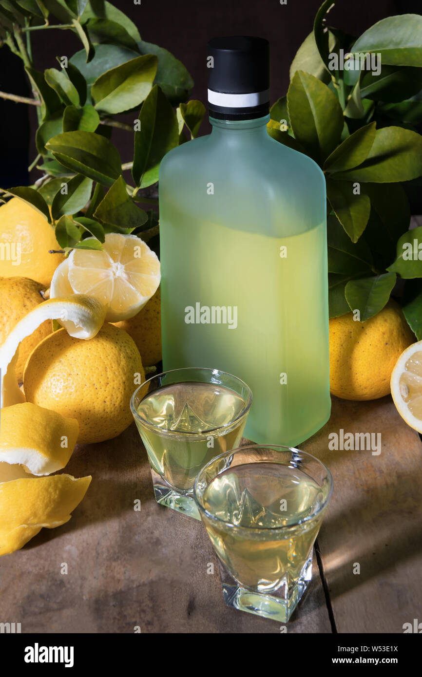 Limoncello liquor made in Sorrento from fresh lemons. Traditional