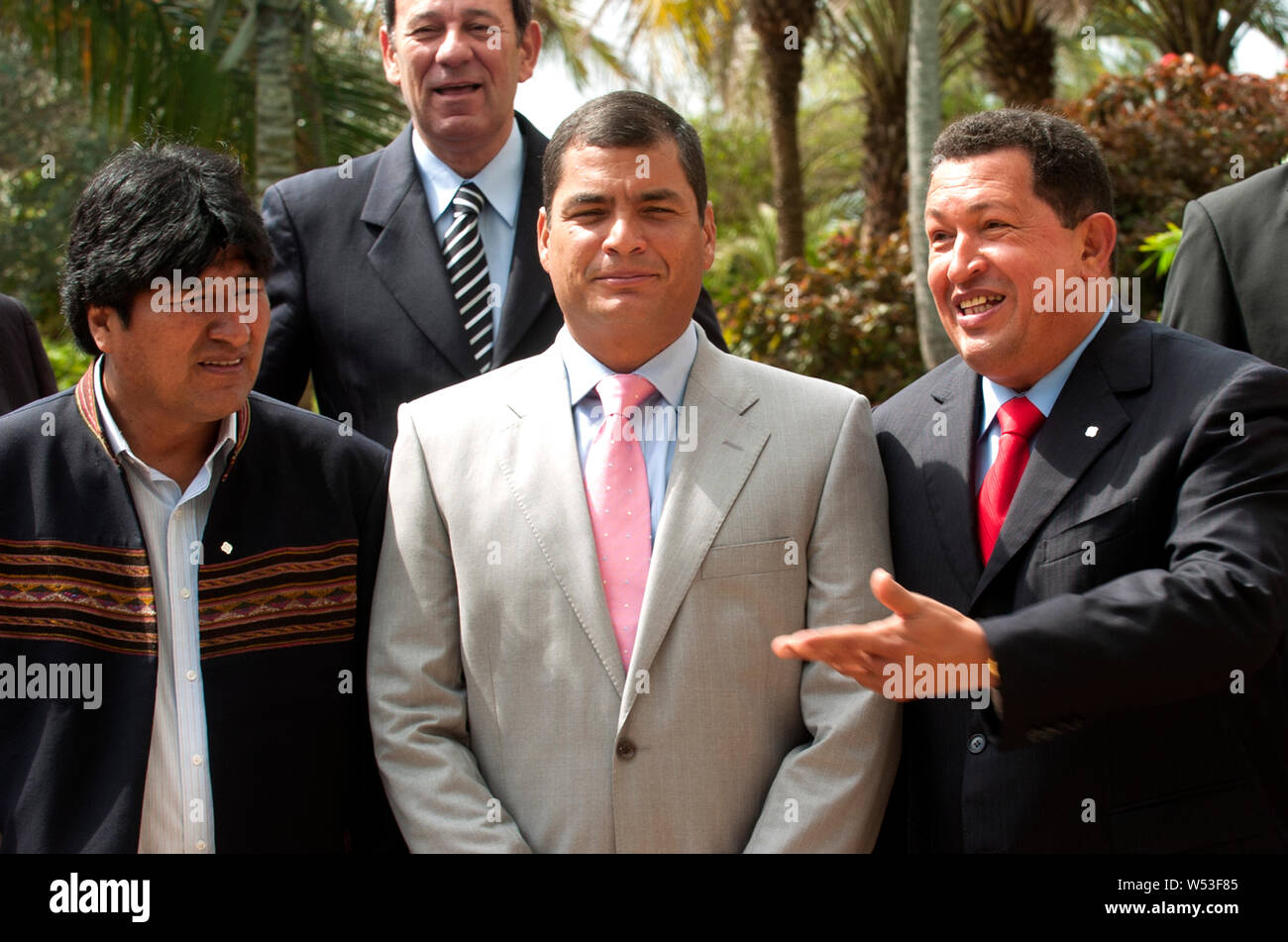 Latin American Presidents Hugo Chavez, from Venezuela, Rafael Correa, from Ecuador, and Evo Morales, from Bolivia, during an meeting in Venezuela Stock Photo