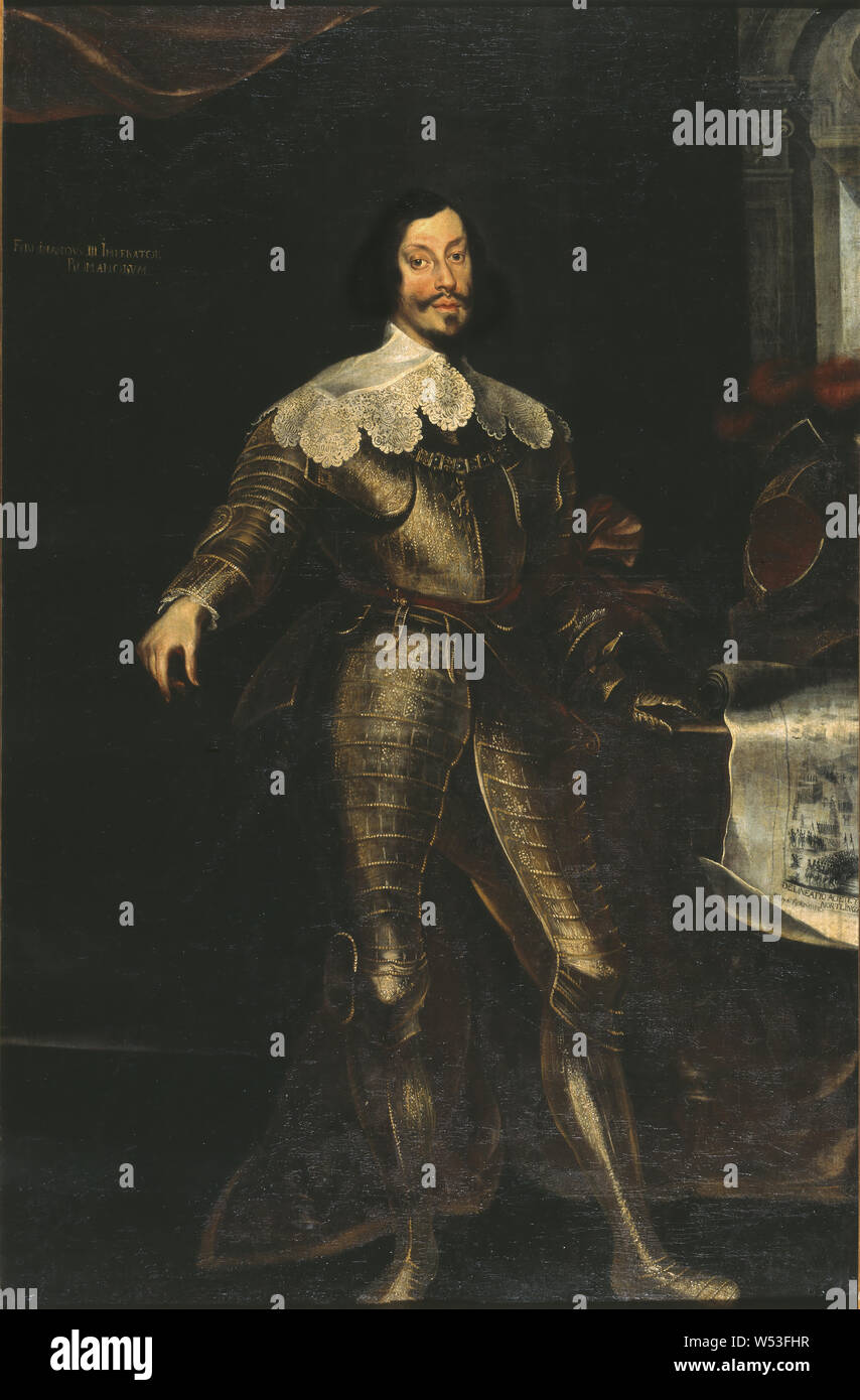 Frans Luycx, Ferdinand III, Ferdinand III (1608-57) Holy Roman Emperor, 1608-57, German-Roman Emperor, painting, Oil on canvas, Pictured as younger, Full figure, standing from right in armor, On a table plan over the Battle of Nördlingen, Height, 214 cm (84.2 inches), Width, 141 cm (55.5 inches), Signed, F LVX FERD III PIC Stock Photo