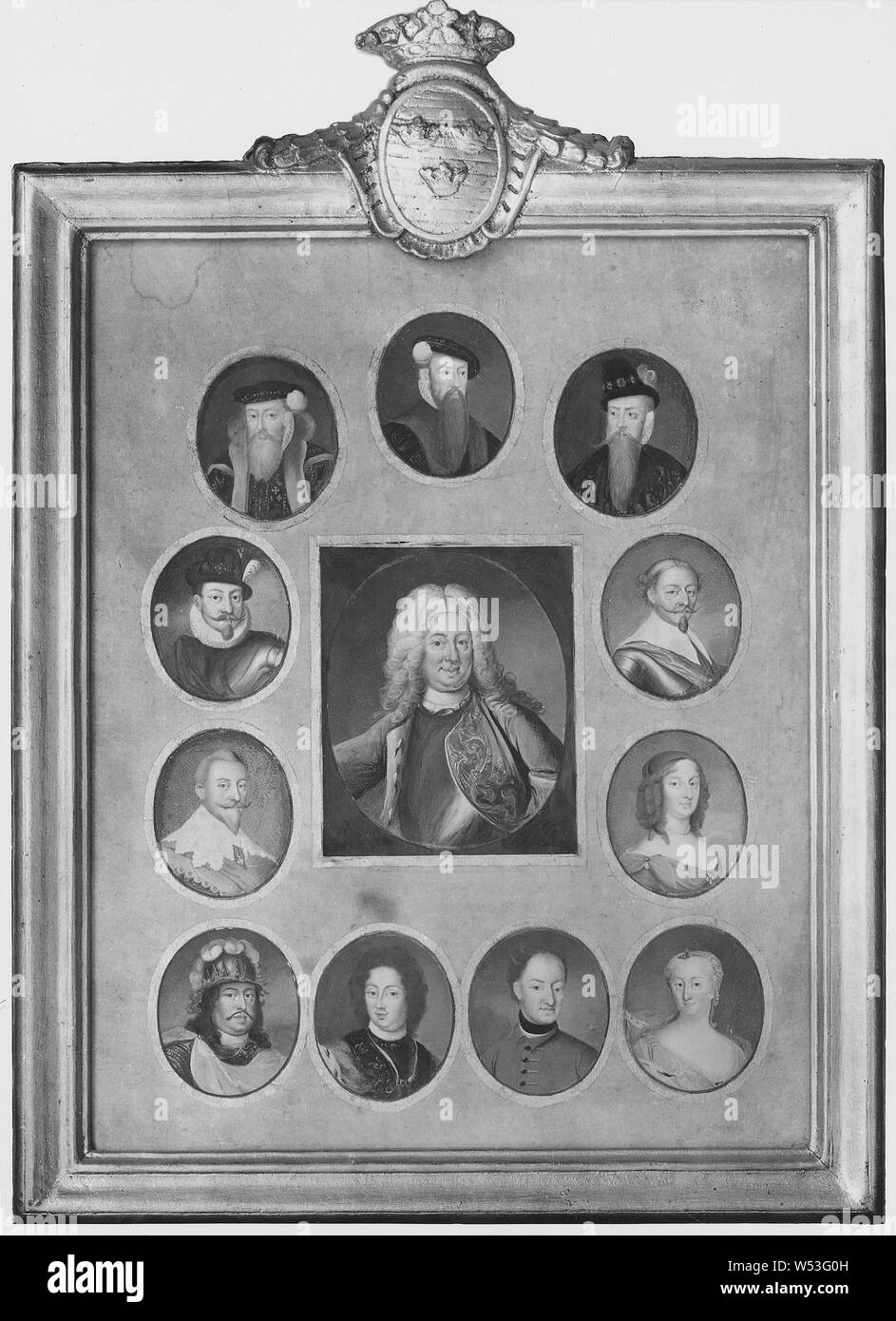 Attributed to Niclas Lafrensen d.ä, Kung Fredrik I, Queen Ulrika Eleonora dy, King Karl XI, King Karl XII, King Karl X Gustav, King Gustav I, King Karl IX, King Johan III, King Sigismund, King Erik XIV, King, Gustav II Adolf and Queen Kristina, Swedish governors from Gustav I to Fredrik I, 12 people, painting, Frederick I of Sweden, Watercolor and gouache on parchment, Height, 48.5 cm (19 inches), Width, 35 cm (13.7 inches), Inscription, Grh 462 REGENTLÄDD GUSTAF I-FREDRIK I By N. Lafrensen d. Stock Photo