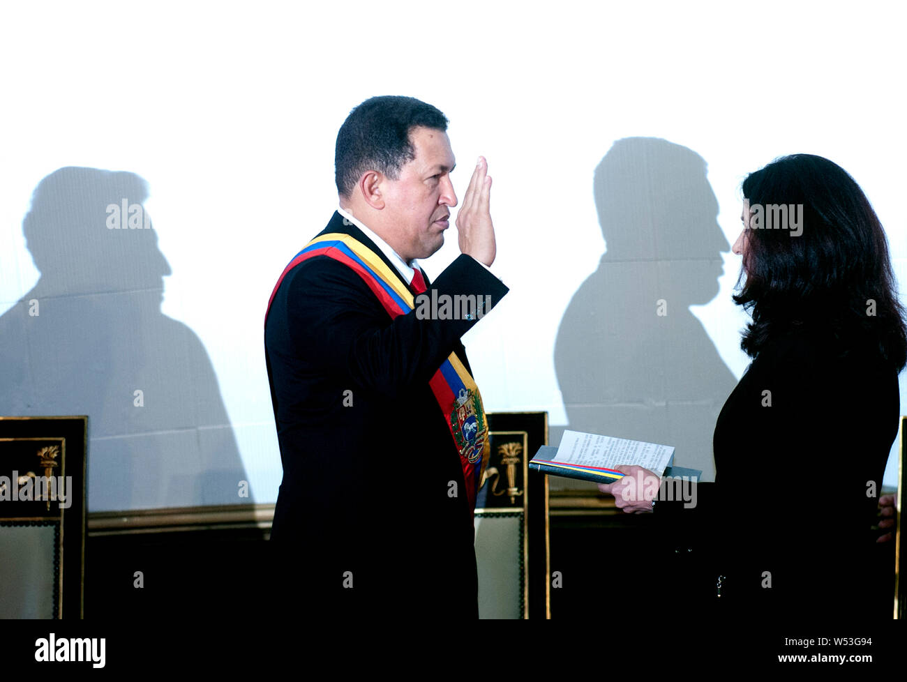 Venezuelan President Hugo Chavez is invested as President by Cilia Flores, Nicolas Maduro´s wife in the Asamblea Nacional of Caracas, Venezuela Stock Photo