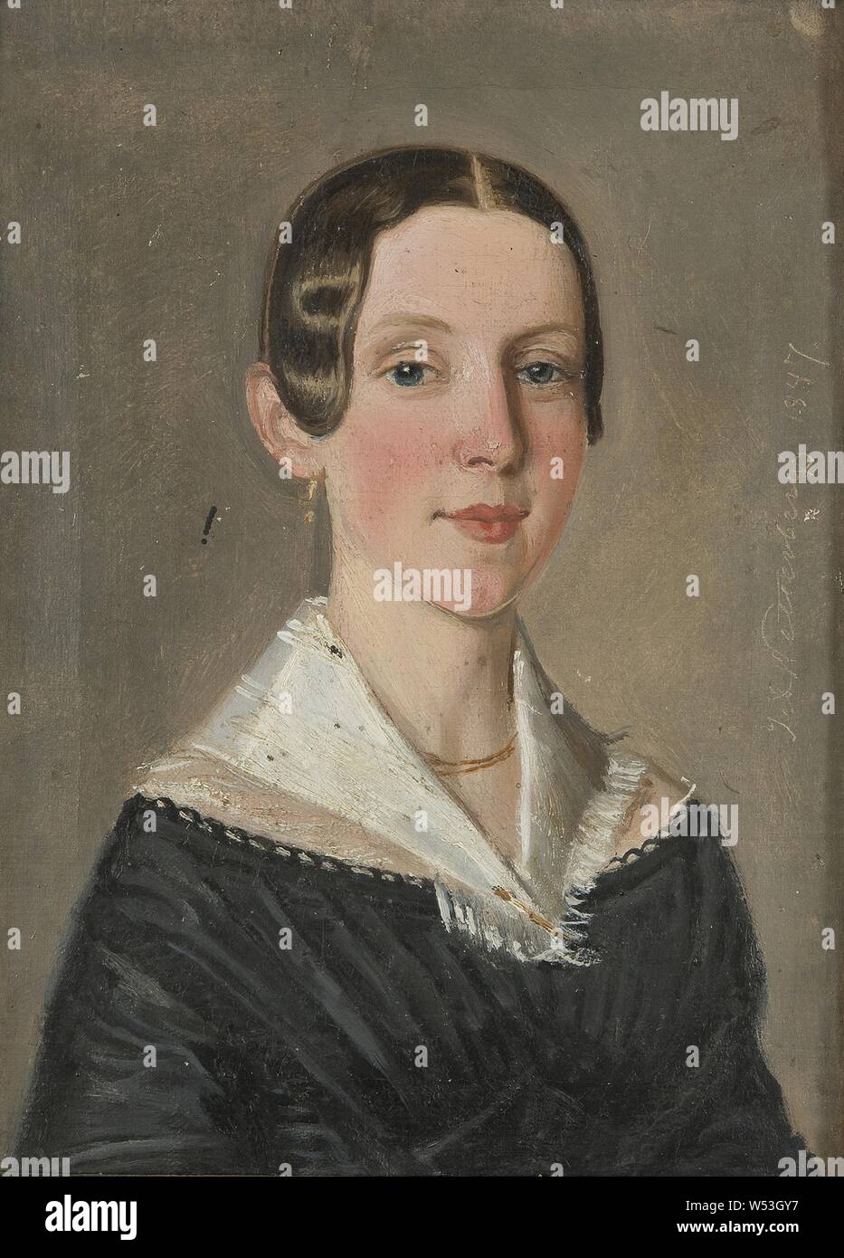 Alexis Wetterbergh, Elise Ljungman, g.m, color manufacturer and children's house director Signeul in Uddevalla, 1847, Oil on canvas, Height, 23.5 cm (9.2 inches), Width, 27.5 cm (10.8 inches), Mrs. Signeul Uddevalla, a.t, tensioner frame, left side, pencil, Mrs Elise Signeul b. Ljungman Uddevalla, b. Ljungman, Target by J A Westerberg 1847, frame, right side, bottom, ball point, Signing, I, J?, A Wetterbergh 1847, right side carved in wet color layer Stock Photo